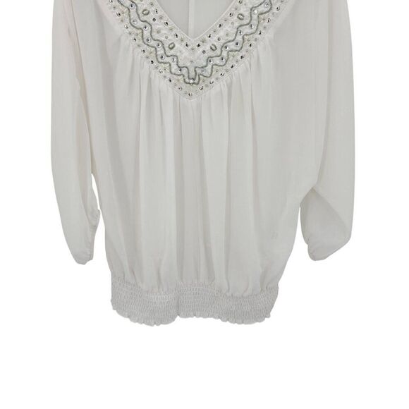 Retro White Blouse Sz M Silver Beaded Sheer Batwing Peasant Glam Pullover - Picture 7 of 9